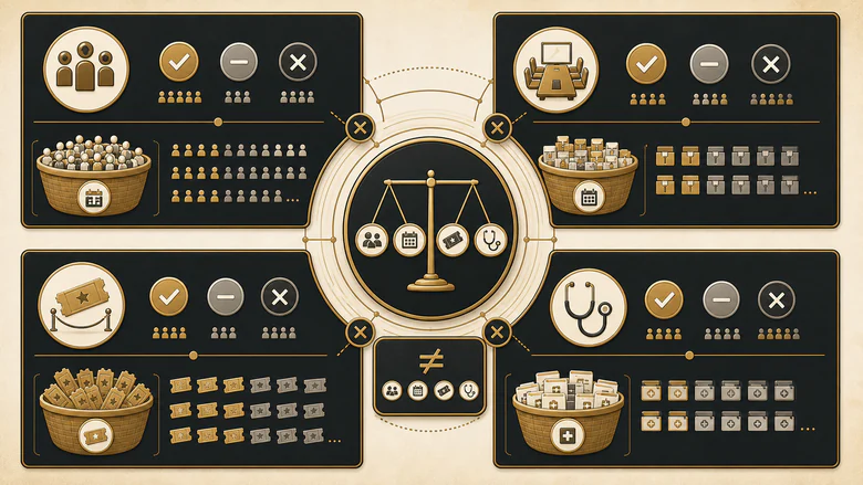 Four different no-show metrics compared: sales meetings, meeting rooms, event registrations and healthcare appointments, each with its own denominator