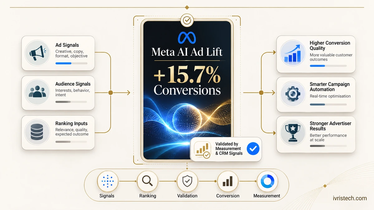 Editorial illustration showing Meta AI ad signals flowing into a central 15.7% conversion lift panel and verified campaign outcomes