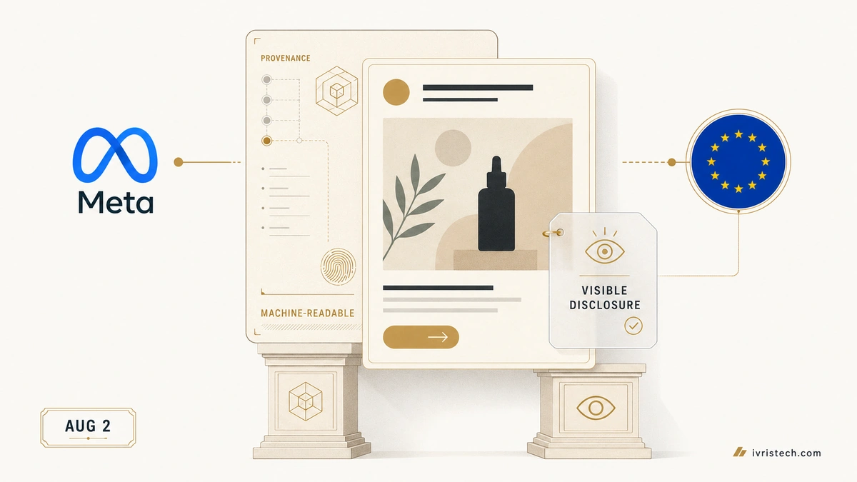 Meta’s EU AI transparency illustration separates machine-readable provenance from visible disclosure for AI-generated advertising.