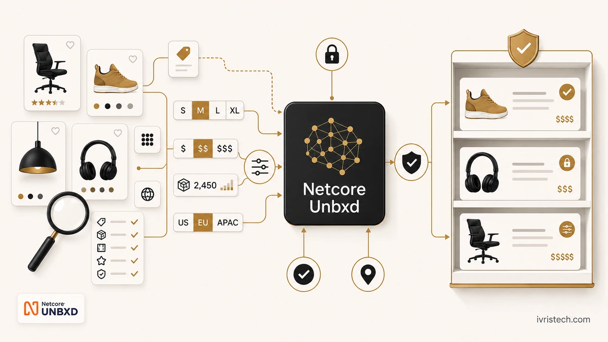 Illustration showing Netcore Unbxd as an AI product search control layer connecting catalog attributes to governed product recommendations.