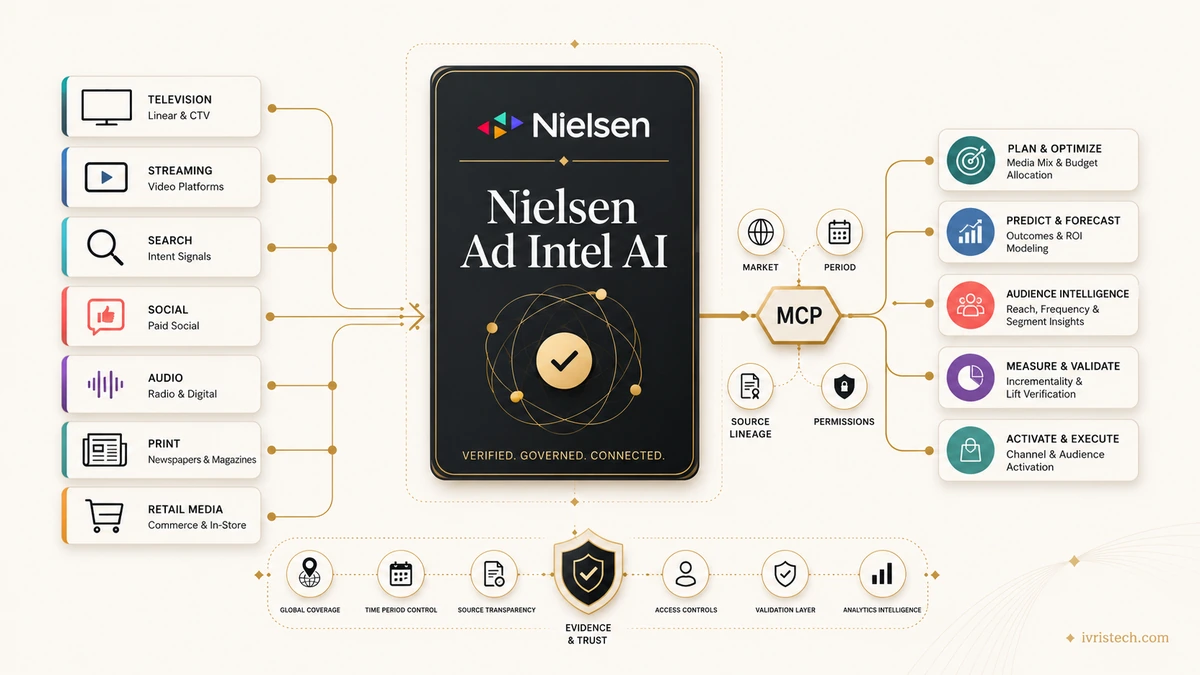 Nielsen Ad Intel AI connects television, streaming, search, social, audio, print and retail media data through MCP to planning and measurement workflows.
