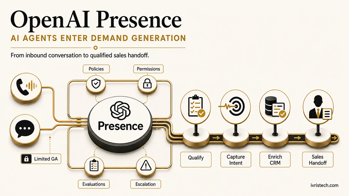 OpenAI Presence demand-generation workflow qualifying inbound leads, enriching CRM records and escalating prospects to sales