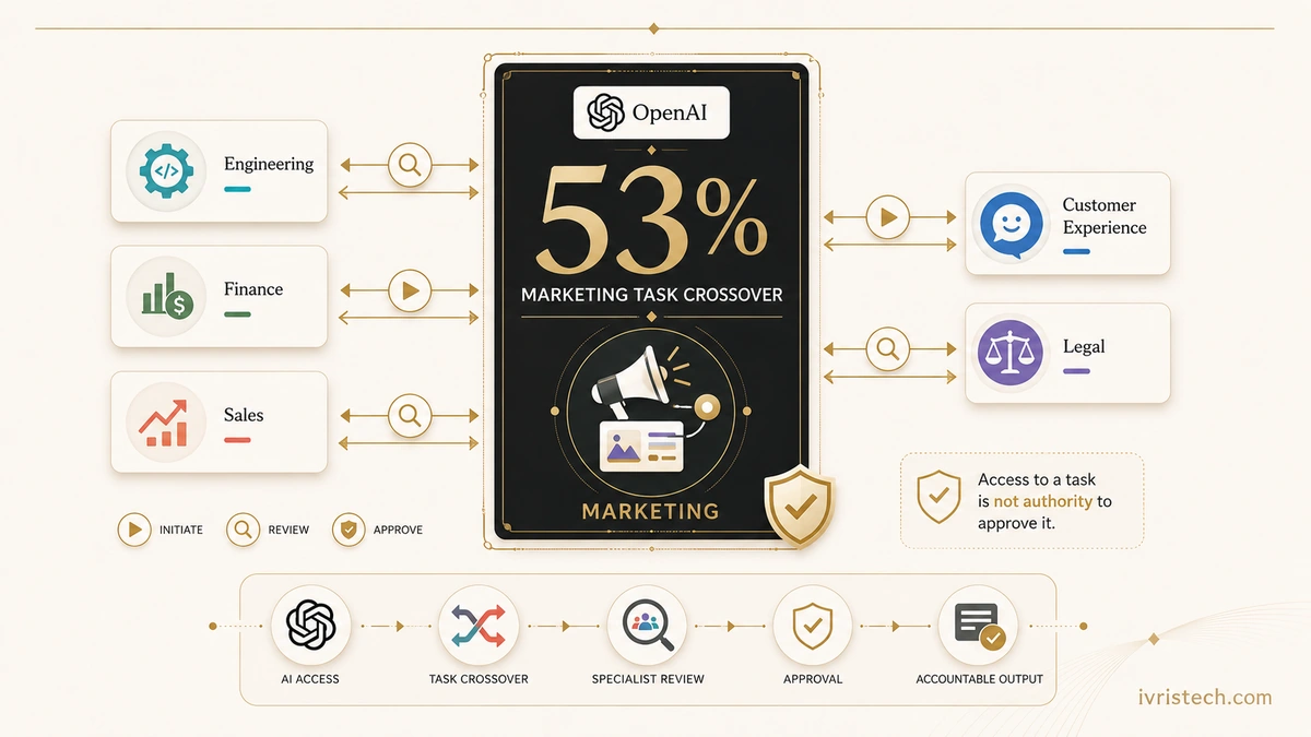 OpenAI task-crossover illustration shows 53% of marketers’ job-specific AI use crossing into engineering, finance, sales, legal and customer experience.