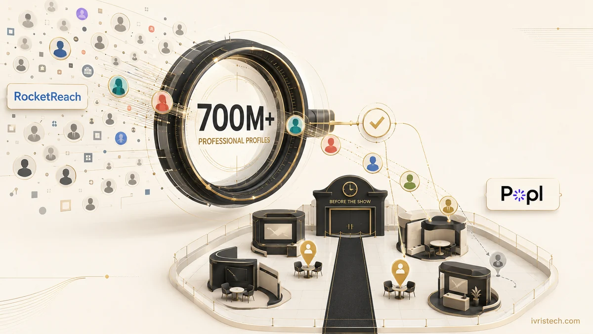 RocketReach’s 700M-plus professional profiles pass through a targeting lens into Popl’s focused pre-event meeting plan.