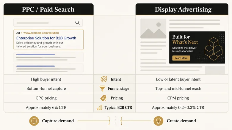 PPC versus display advertising compared for B2B across intent, funnel stage, pricing model, and click-through rate