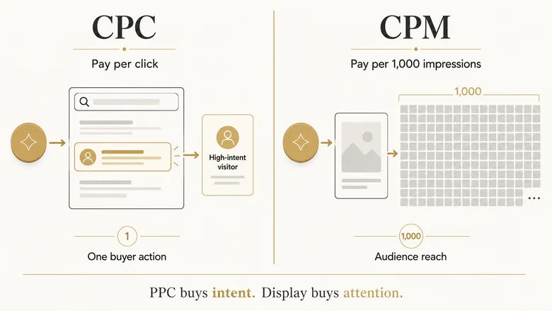 CPC versus CPM economics showing paid search priced per click and display advertising priced per thousand impressions for B2B