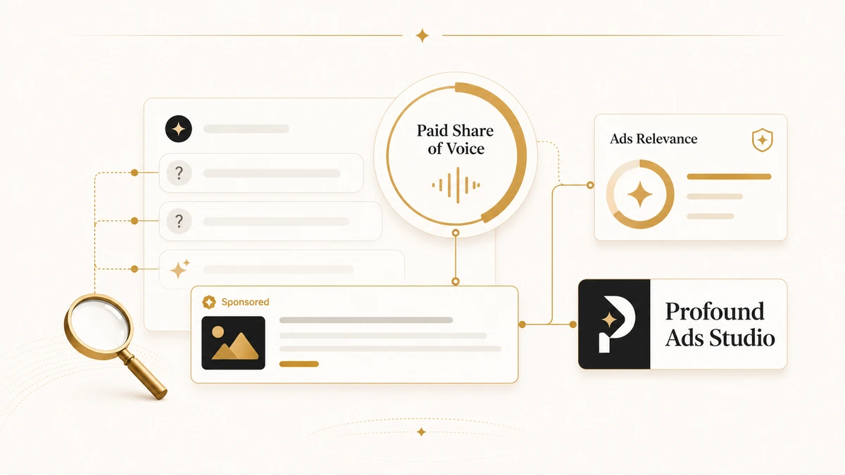 Editorial illustration showing Profound Ads Studio connected to an AI-search sponsored result, Paid Share of Voice gauge, and Ads Relevance scorecard.