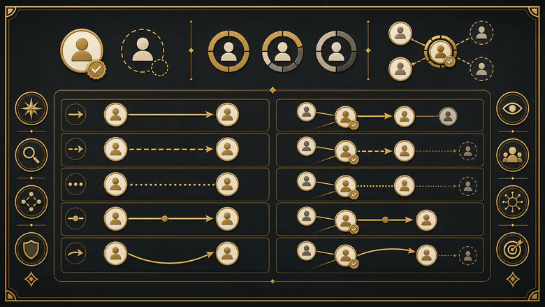 Relationship map legend showing verified versus hypothesised nodes, access routes and confidence rings