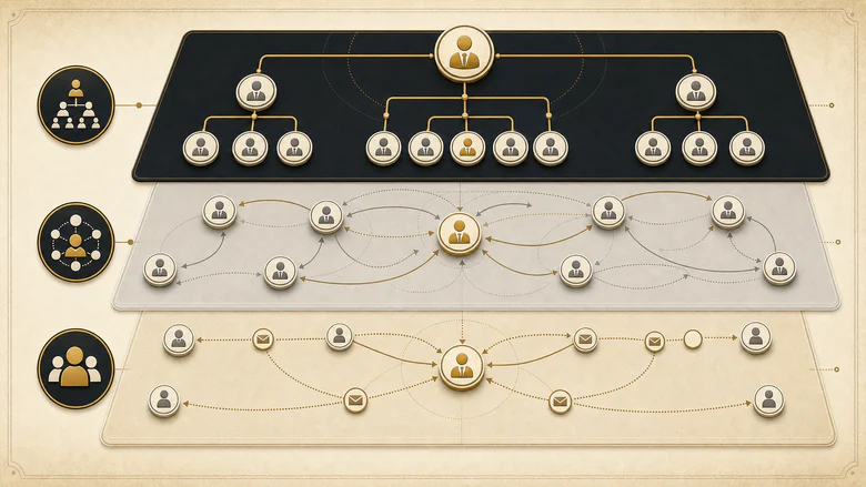 Three-layer diagram showing formal hierarchy, informal influence and seller access as separate networks