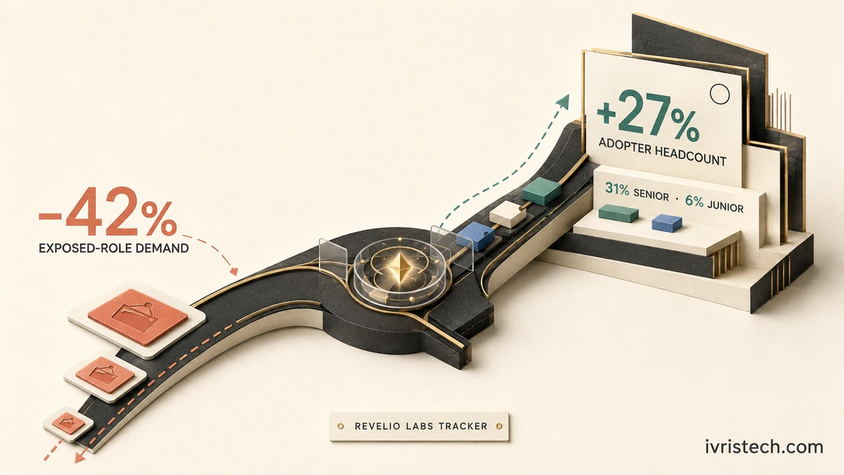 Revelio Labs tracker shows AI-exposed role demand down 42% while adopter headcount rises 27%, led by senior roles.