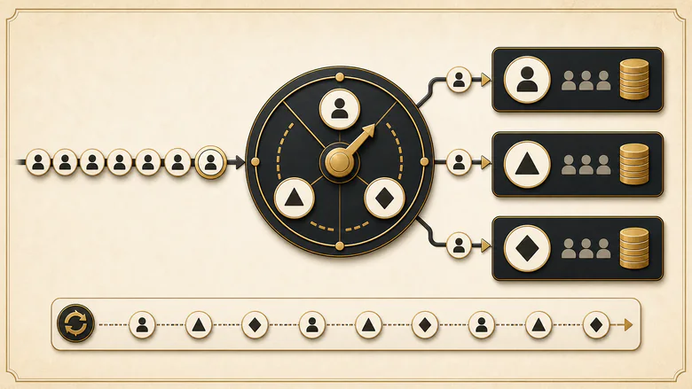 Simple round robin rotation assigning leads in a fixed A, B, C order with the pointer advancing one position per lead