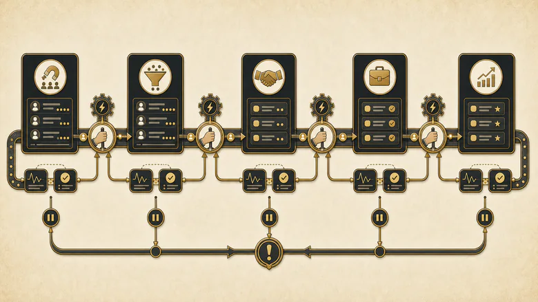 Sales pipeline stages with automation triggers and human control points marked at each handoff to prevent silent failures