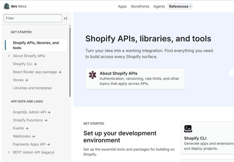 Shopify API documentation showing Admin API Storefront API and developer tools to check technical fluency