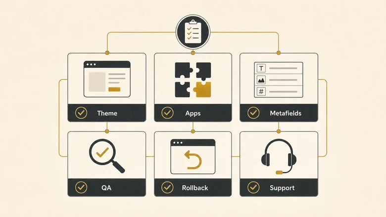 Shopify developer handoff checklist covering theme changes apps metafields QA rollback and support ownership