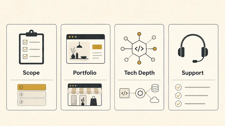 Vetting matrix for skilled Shopify developers showing scope, portfolio, technical depth, and support signals