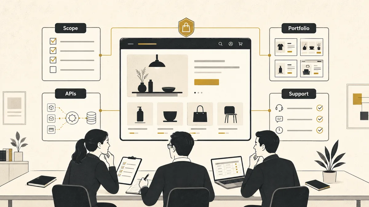 Skilled Shopify developers vetting workspace showing scope portfolio API and support proof signals before hiring