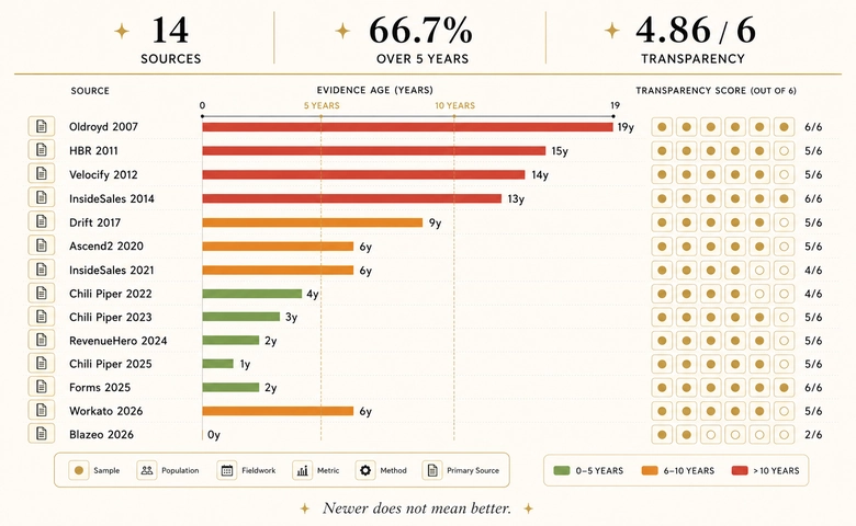 Chart comparing evidence age and six-point transparency scores for fourteen speed-to-lead research sources.