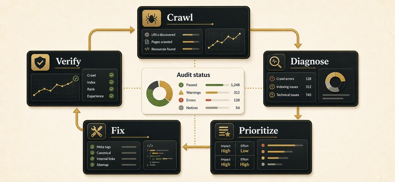 The Crawl-to-Verify technical SEO audit loop: crawl, diagnose, prioritize, fix, and verify in sequence