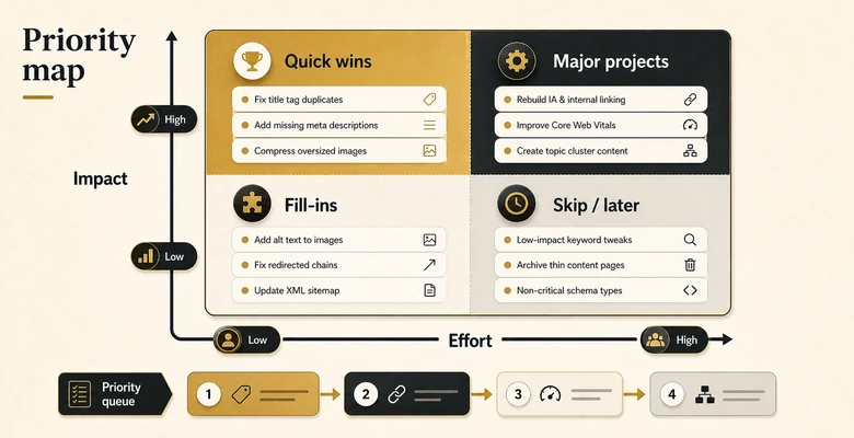 Impact versus effort prioritization matrix sorting technical SEO audit findings into quick wins and projects