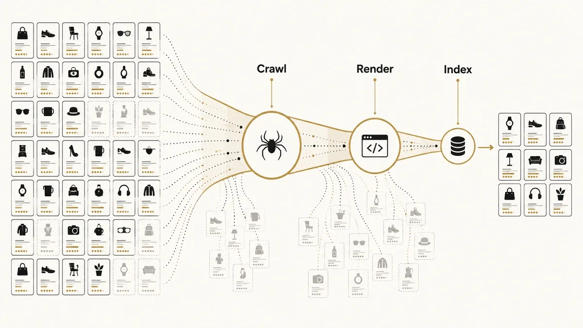 Technical SEO for ecommerce showing crawl paths, faceted URLs, indexing controls, and catalog architecture