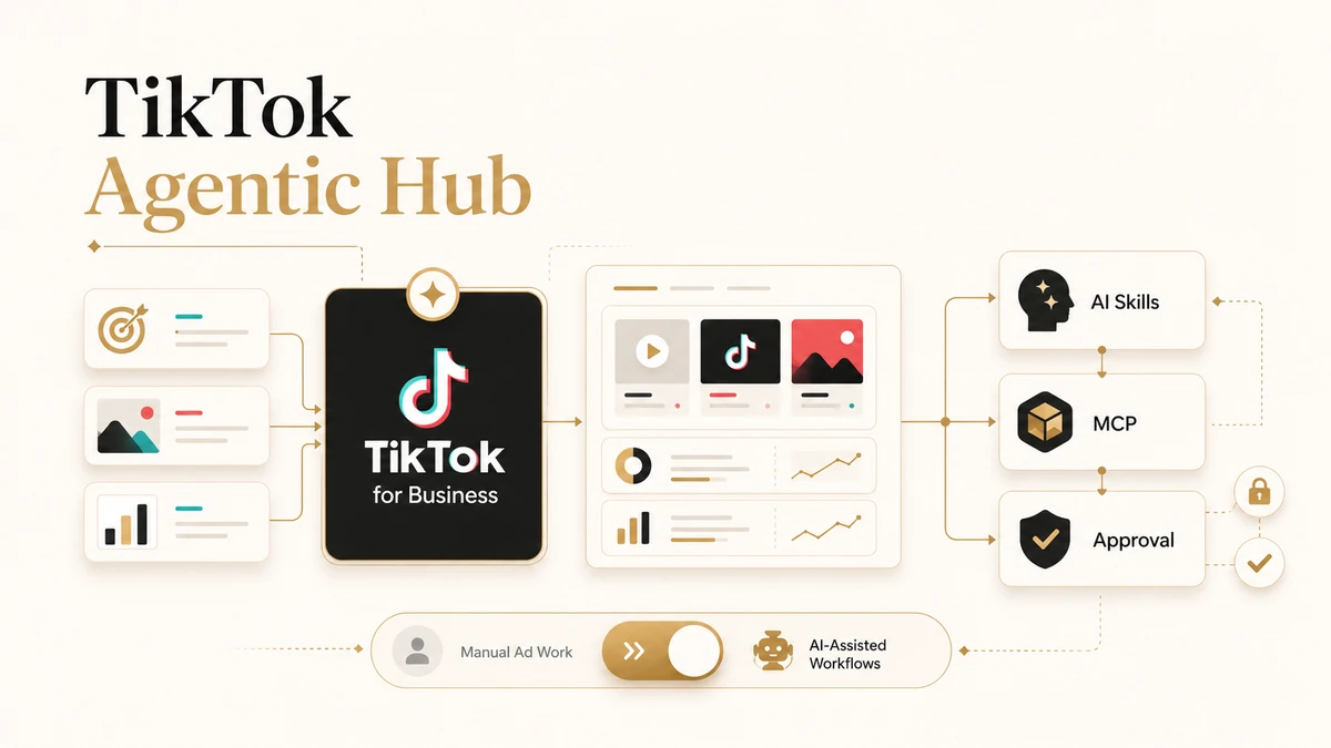 Flat editorial illustration showing TikTok for Business connected to AI Skills, MCP, approval controls, and AI-assisted ad workflows.