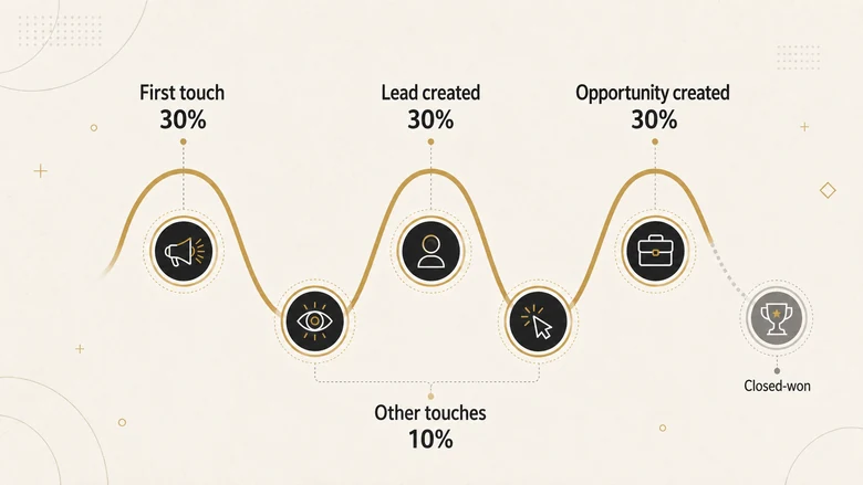 W-shaped attribution model crediting first touch, lead creation and opportunity creation in a B2B deal