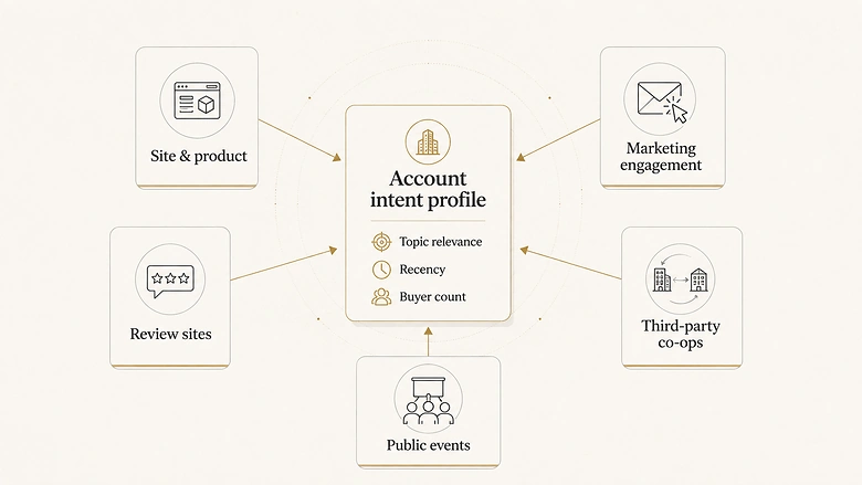 Five sources of B2B intent signals feeding into a single account intent profile