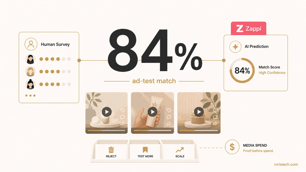 Editorial data illustration showing Zappi Amplify AI comparing human survey results with AI prediction, centered around an 84% ad-test match claim.
