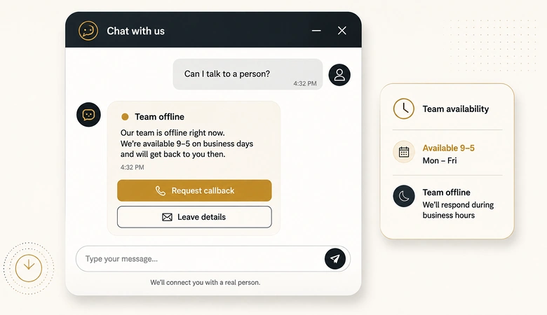 Chat widget showing an honest out-of-hours state with a human callback option instead of a recursive bot handoff