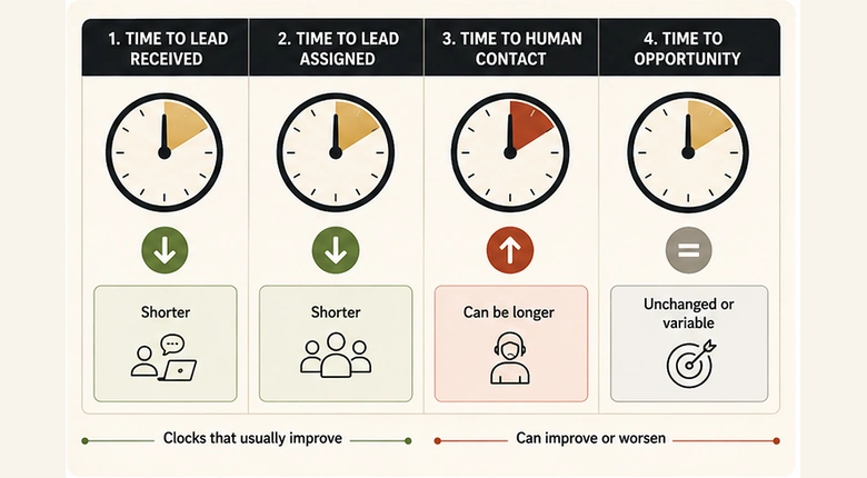 Four speed-to-lead clocks showing where an AI chatbot shortens received and assigned but can lengthen time to human contact