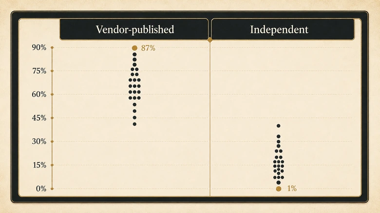 Chart splitting AI SDR statistics by publisher type, showing vendor-published figures running higher than independent survey figures