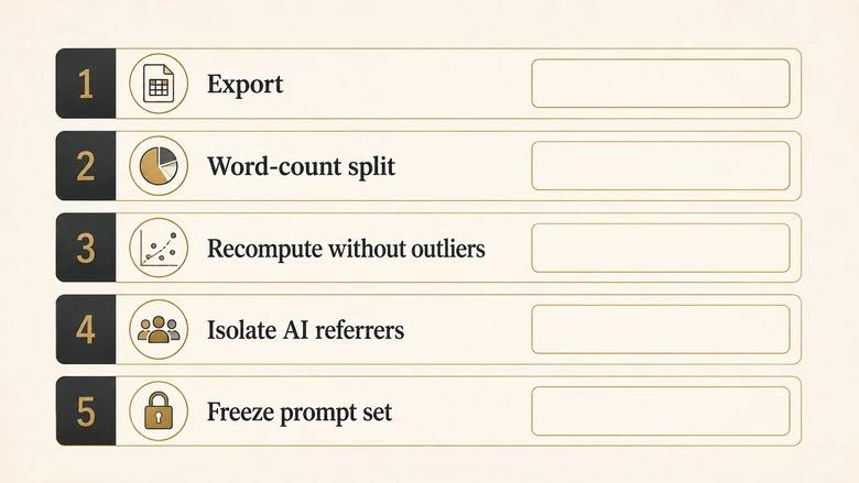 Five-step citation gap baseline worksheet covering query export, word count split, outlier removal, referrer isolation and prompt set