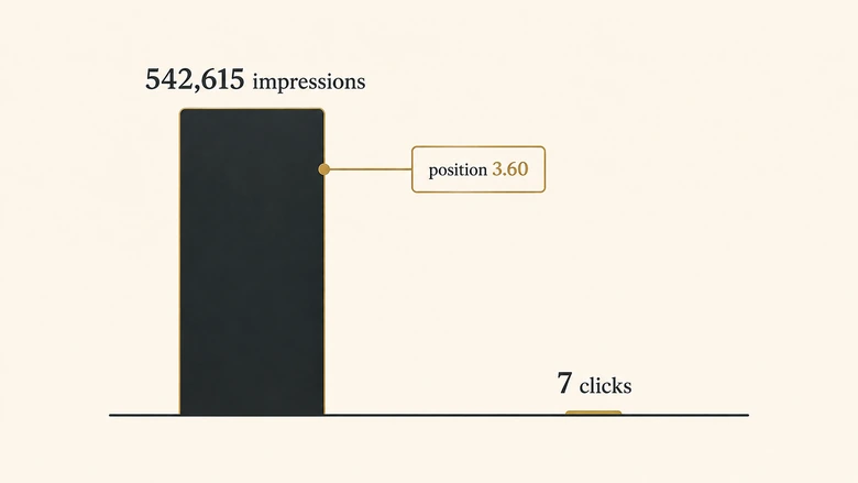 Chart showing 542,615 AI search impressions at position 3.60 producing only seven clicks across two pages