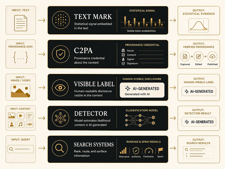 Five AI origin and quality systems compared: text watermarks, C2PA, visible labels, detectors, and Google ranking systems