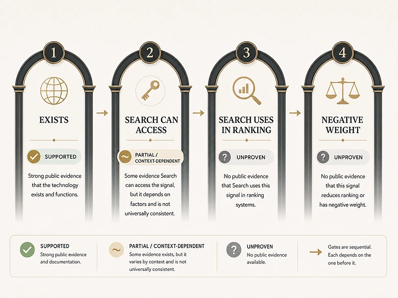 Four evidence gates separating AI watermark technology, Search access, ranking use, and a proven negative ranking weight
