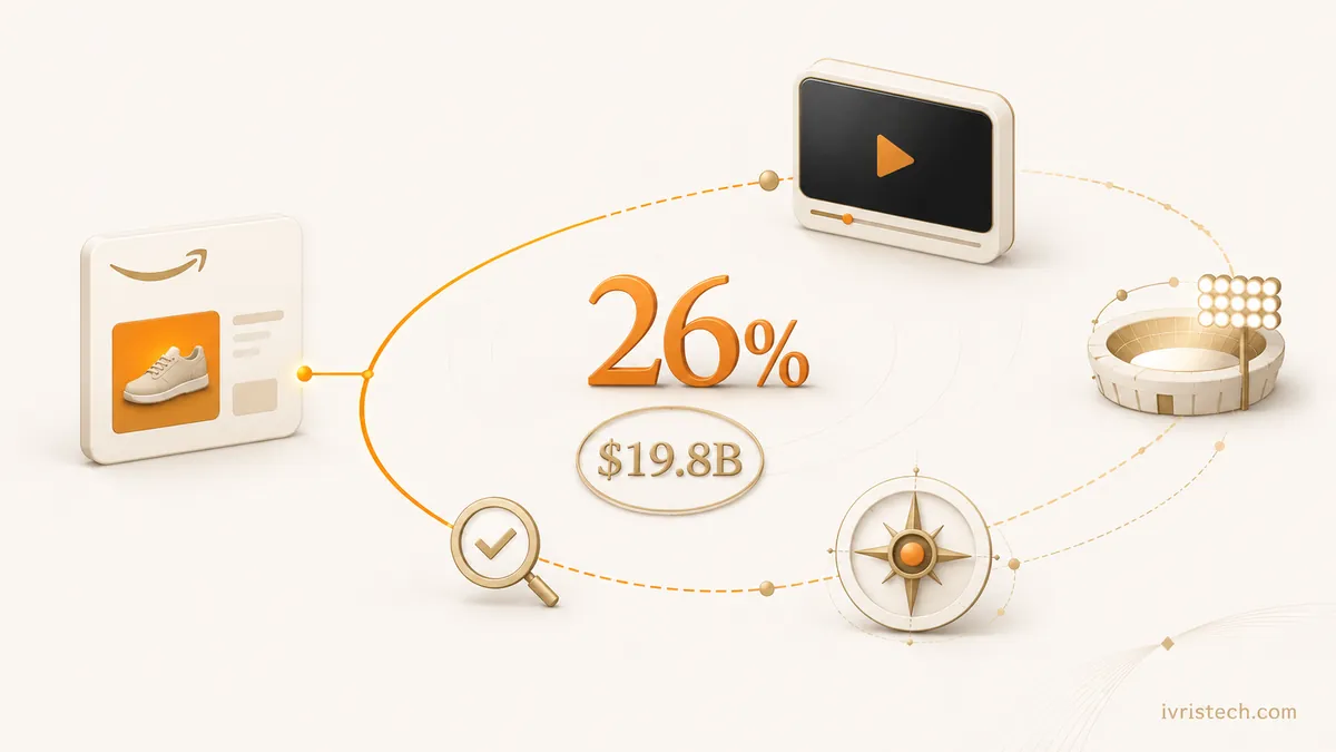 Amazon advertising expands from sponsored products into video, live sports and AI, highlighting 26% growth to $19.8 billion.
