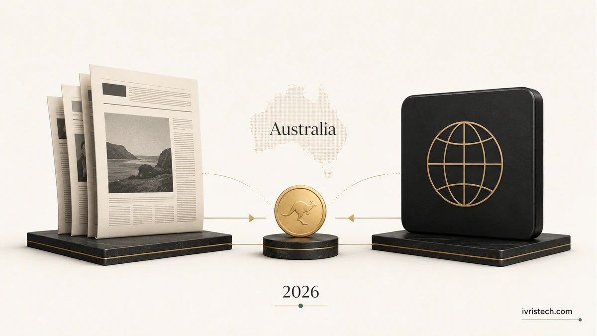 Australia news bargaining incentive 2026 featured image showing publishers and digital platforms linked across Australia around an agreement token.