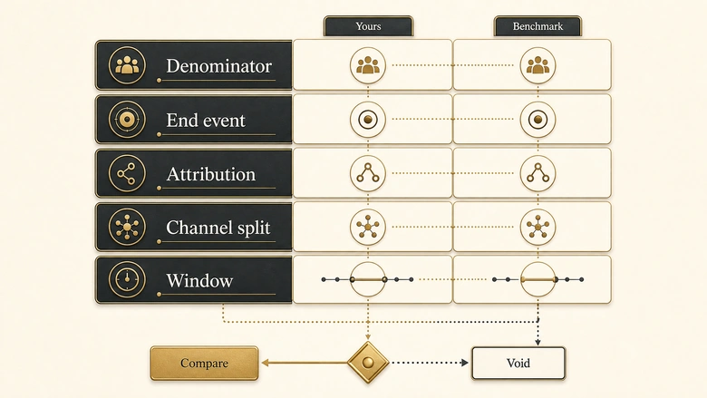 Five-field checklist diagram for testing whether a published MQL to SQL benchmark is comparable with your own funnel