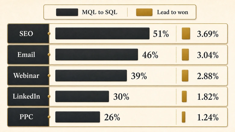 Bar chart of MQL to SQL conversion rate by channel for B2B SaaS with compounded lead to closed-won shown under each bar