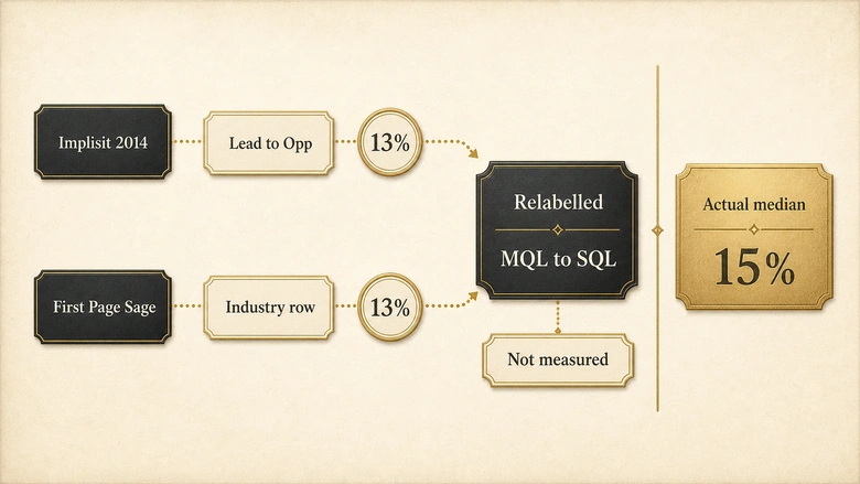 Evidence map tracing two separate 13% figures to their sources and showing how each was relabelled as an MQL to SQL rate