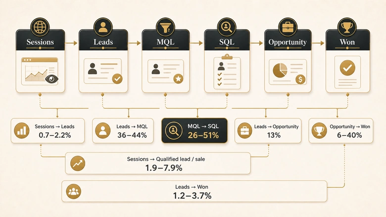 Diagram showing seven different B2B conversion rate measurements mapped to their starting populations and end points