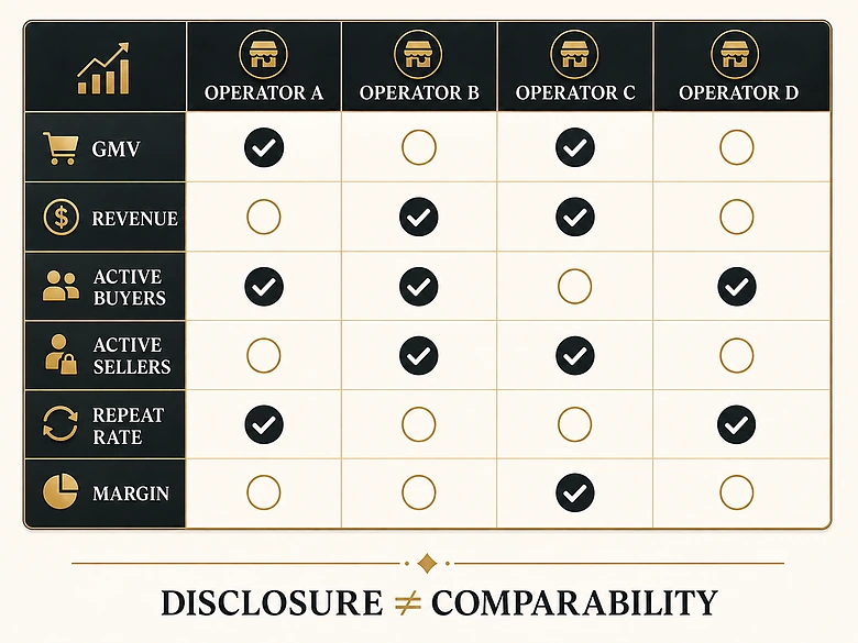 B2B marketplace operator scorecard separating GMV, revenue, active buyers, sellers, repeat rate and margin