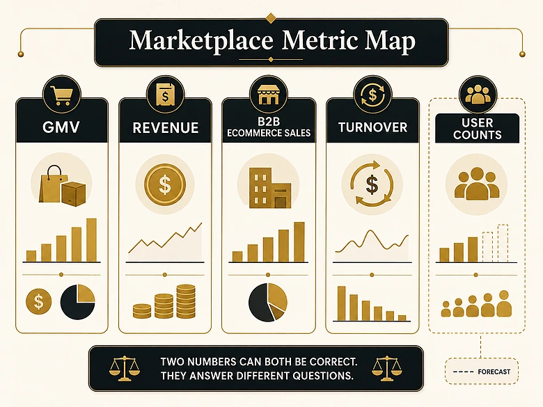 B2B marketplace statistics metric map separating GMV, revenue, ecommerce sales, turnover and user counts