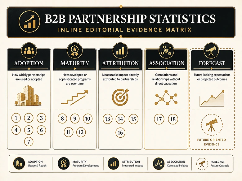 Matrix of 18 B2B partnership statistics grouped by adoption, attribution, budgets, deal performance and forecasts