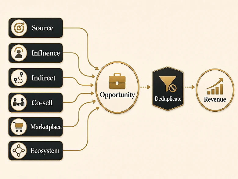 B2B partnership statistics map separating sourced, influenced, indirect, co-sell, marketplace and ecosystem measures