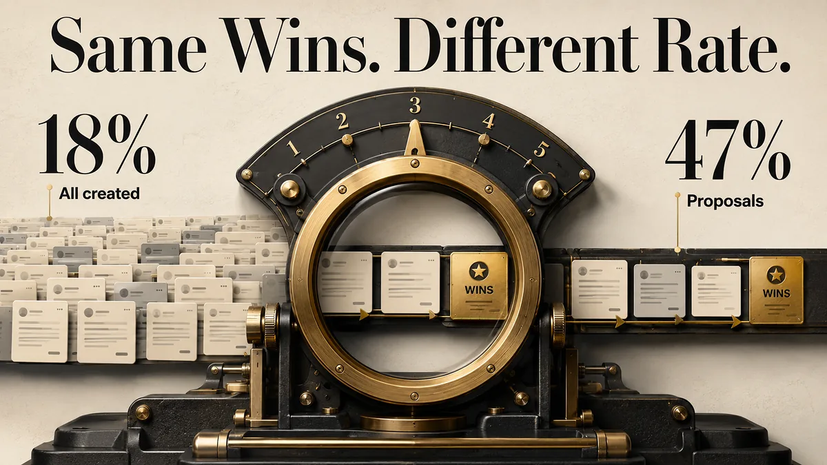 Calibration lens showing the same wins produce an 18% all-created rate and a 47% proposal-stage rate.