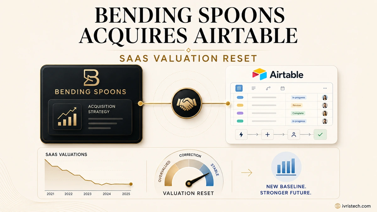 Bending Spoons and Airtable connected in an acquisition illustration with a SaaS valuation-reset gauge and declining valuation trend.