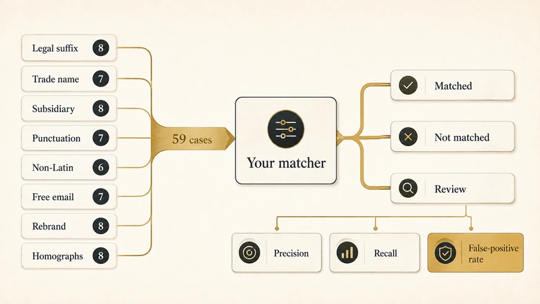 Diagram of the IVRIS lead-to-account match test set flowing through a matcher into precision, recall and false-positive rate
