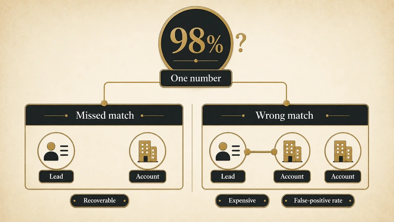 Diagram contrasting a missed lead-to-account match with a wrong match, showing why one accuracy percentage cannot describe both failure modes