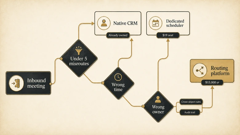 Decision tree for choosing native CRM scheduling versus a dedicated meeting scheduler versus a lead routing platform for B2B revenue teams